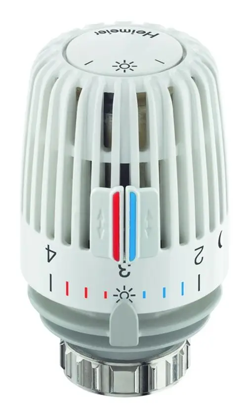 Thermostatkopf von IMI Hydronic Engineering in Weiß mit Einstellmöglichkeit und Temperaturskala, an der Unterseite mit einem Anschluss für Heizkörper.